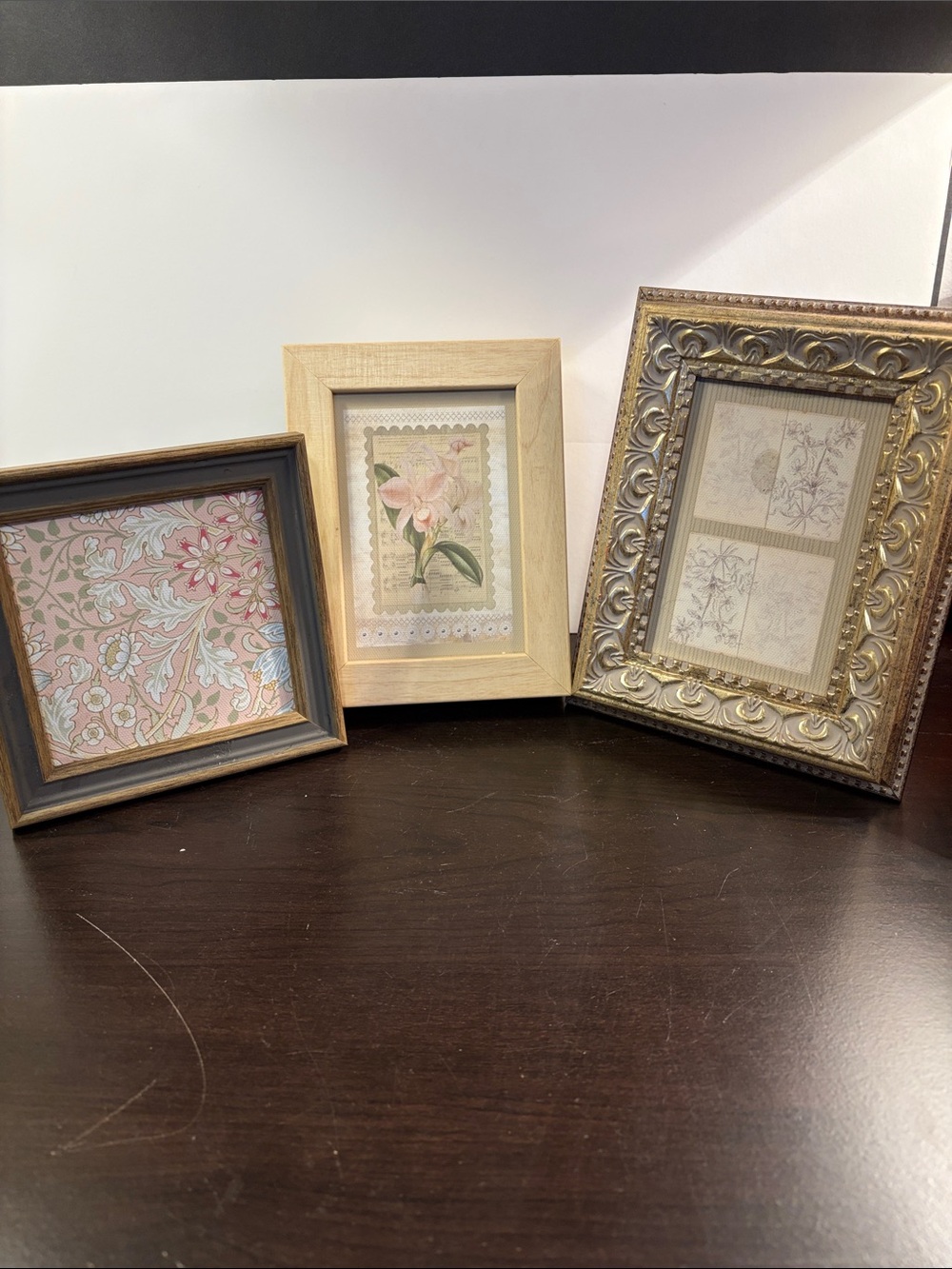 Decorative Assorted Wood and Metallic Picture Frame Trio - Pink, Cream, Gold